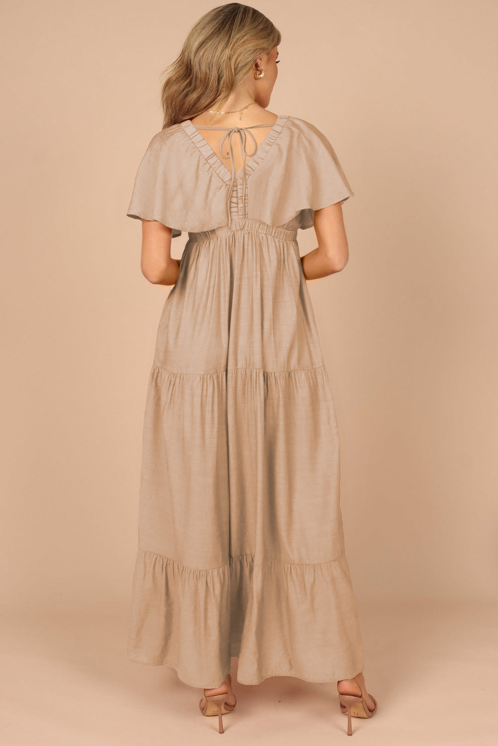 Parchment Textured V Neck Flutter Sleeve Ruffled Maxi Dress