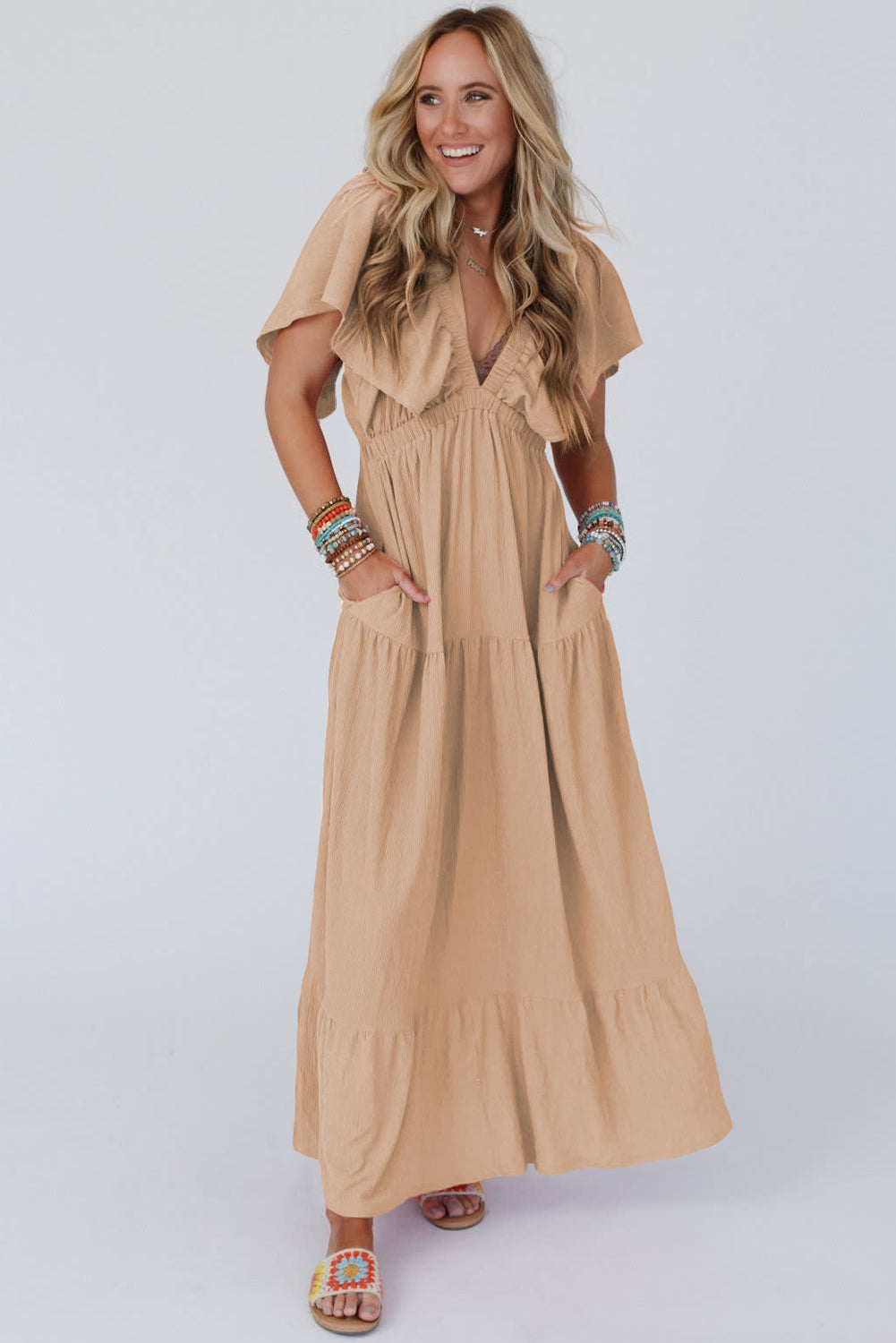Parchment Textured V Neck Flutter Sleeve Ruffled Maxi Dress