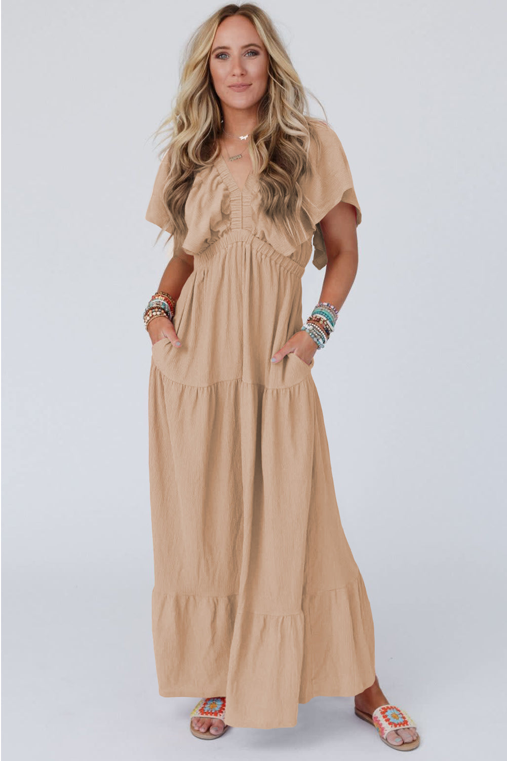 Parchment Textured V Neck Flutter Sleeve Ruffled Maxi Dress